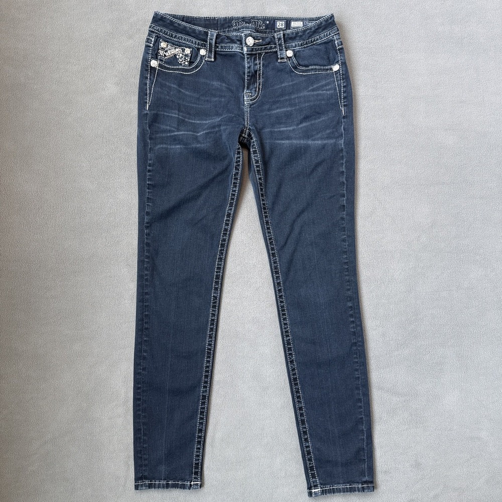 Miss Me Easy Skinny Jeans Womens 28 Blue Low Rise Embellished White Stitch Denim